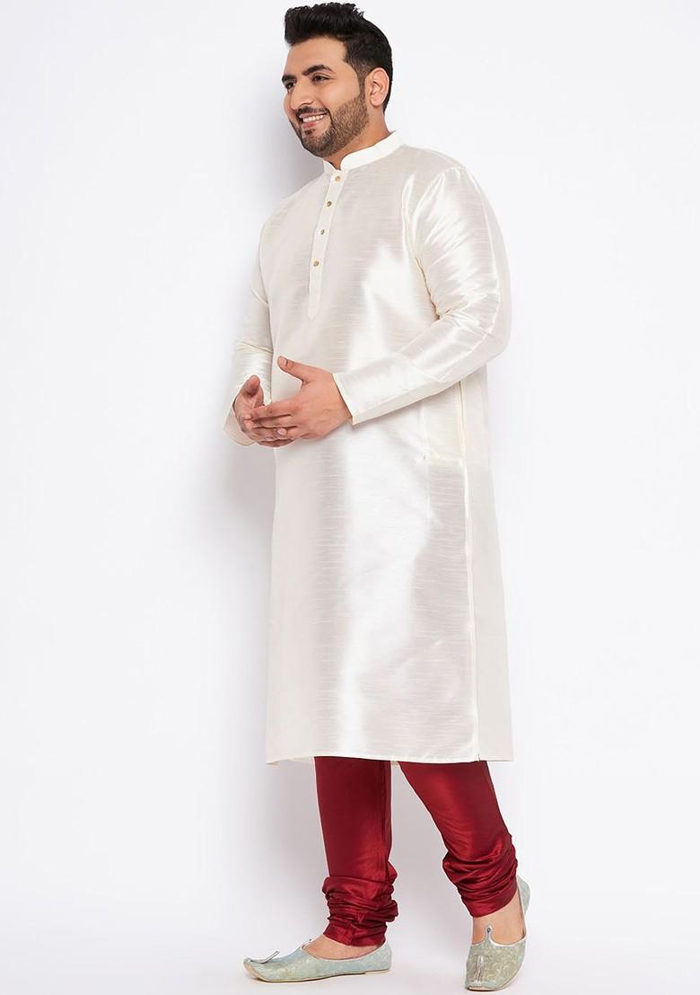 Cream Solid Poly Blend Kurta Set For Men