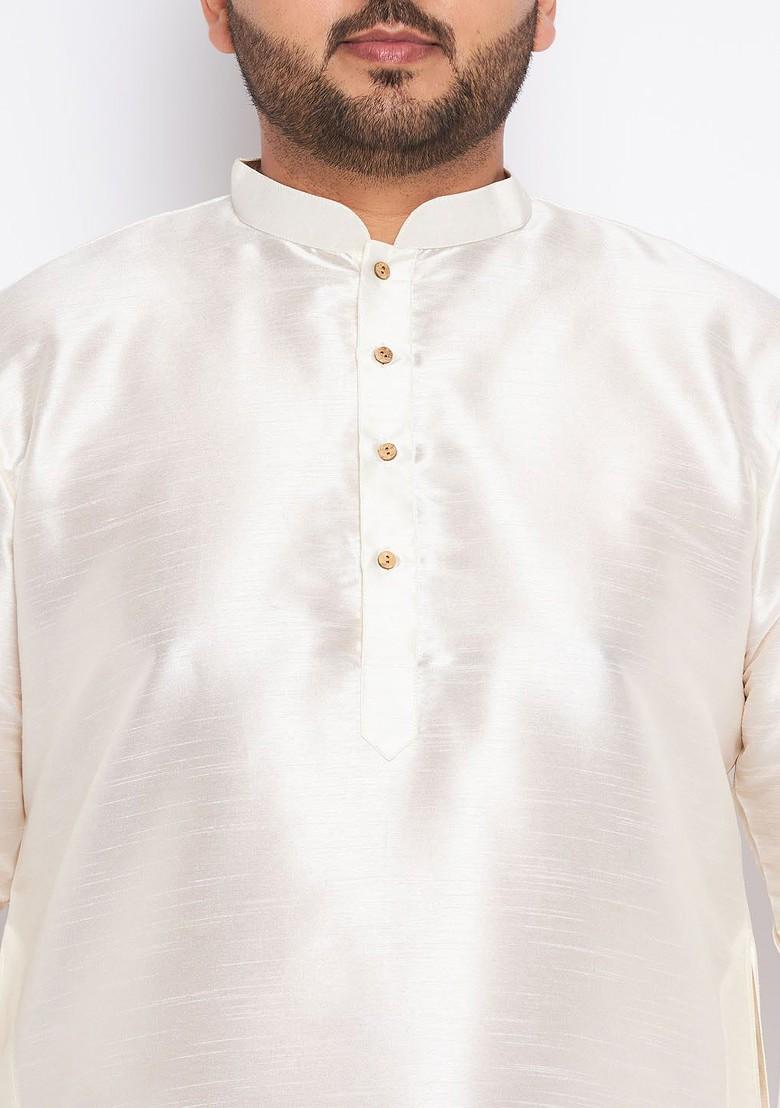 Cream Solid Poly Blend Kurta Set For Men