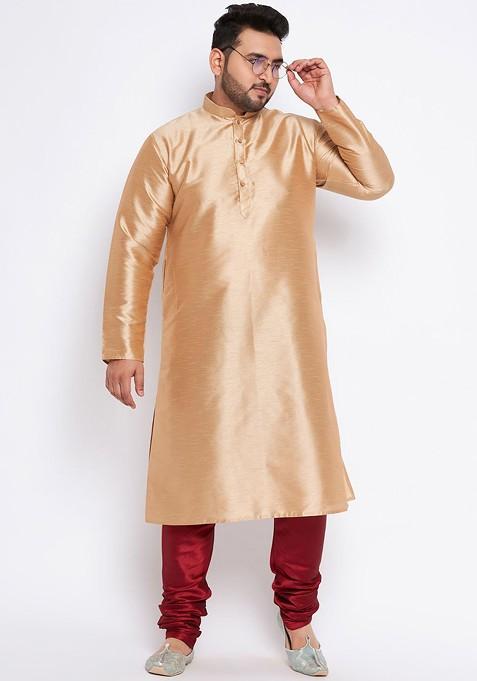 Rose Gold Solid Poly Blend Kurta Set For Men