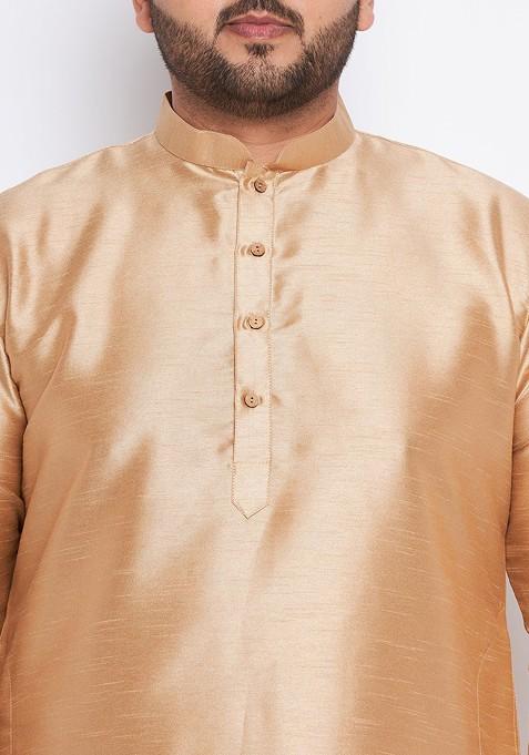 Rose Gold Solid Poly Blend Kurta Set For Men