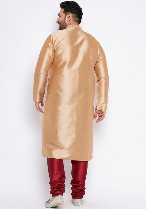 Rose Gold Solid Poly Blend Kurta Set For Men