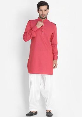 Red Solid Pathani Kurta Set For Men