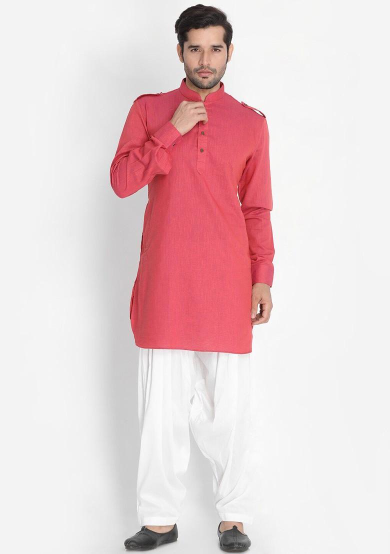 Red Solid Pathani Kurta Set For Men