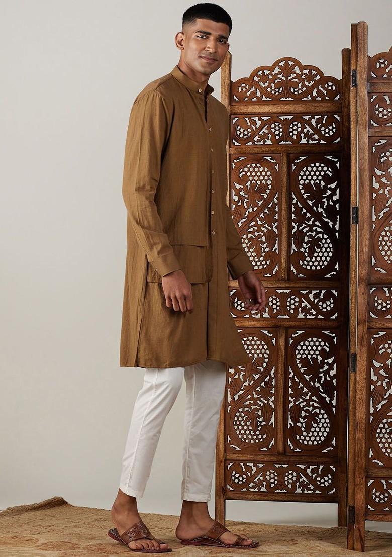 Coffee Brown Solid Cotton Kurta Set For Men