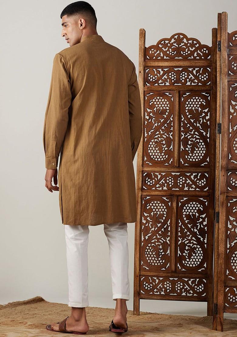 Coffee Brown Solid Cotton Kurta Set For Men