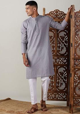 Grey Striped Cotton Kurta Set For Men