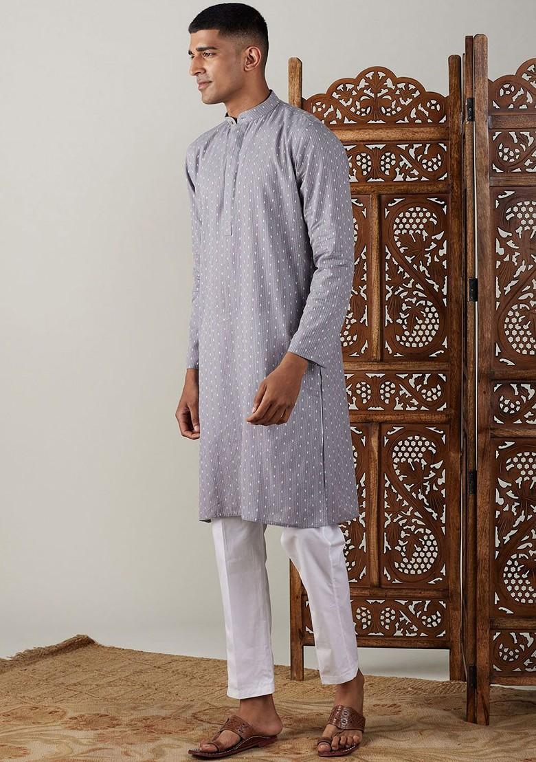 Grey Striped Cotton Kurta Set For Men