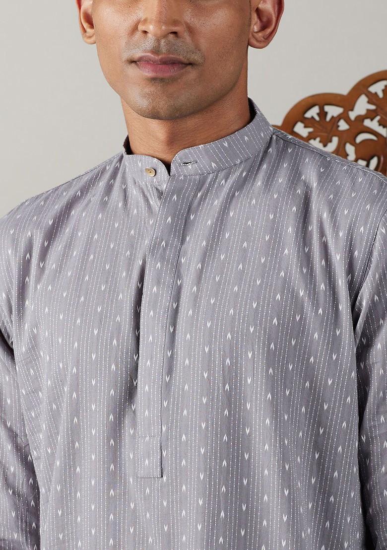 Grey Ethnic Motifs Cotton Kurta Set For Men