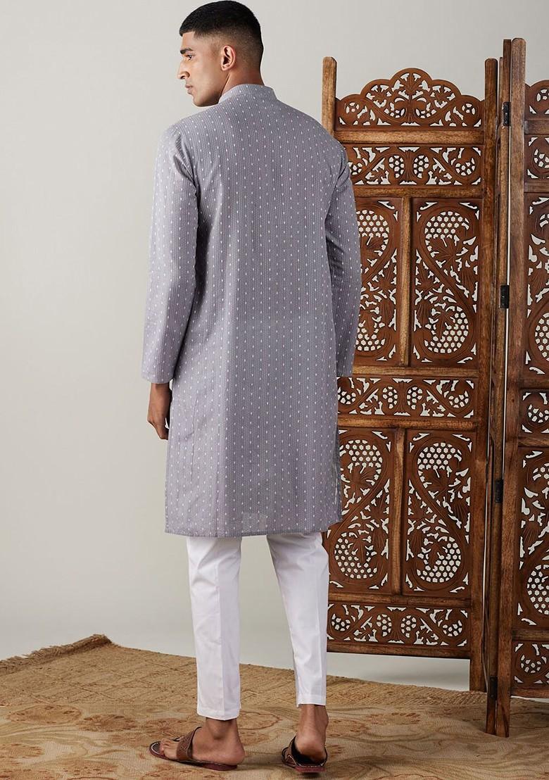 Grey Ethnic Motifs Cotton Kurta Set For Men