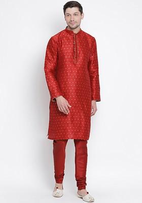 Maroon Woven Poly Blend Kurta Set For Men