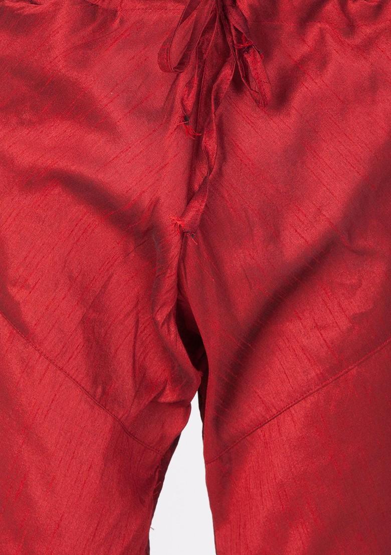 Maroon Woven Poly Blend Kurta Set For Men