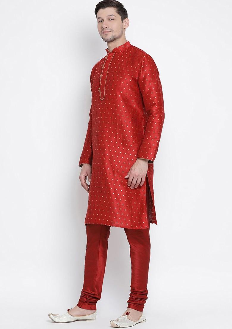 Maroon Woven Poly Blend Kurta Set For Men