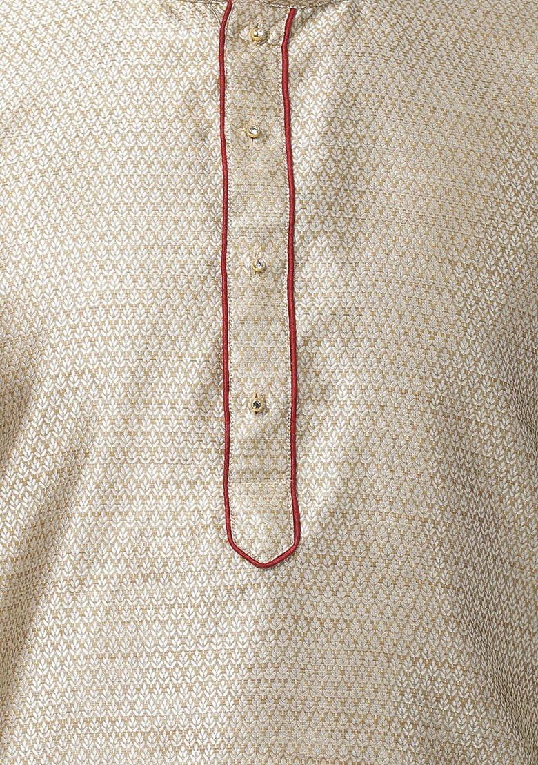 Beige Woven Poly Blend Kurta Set For Men