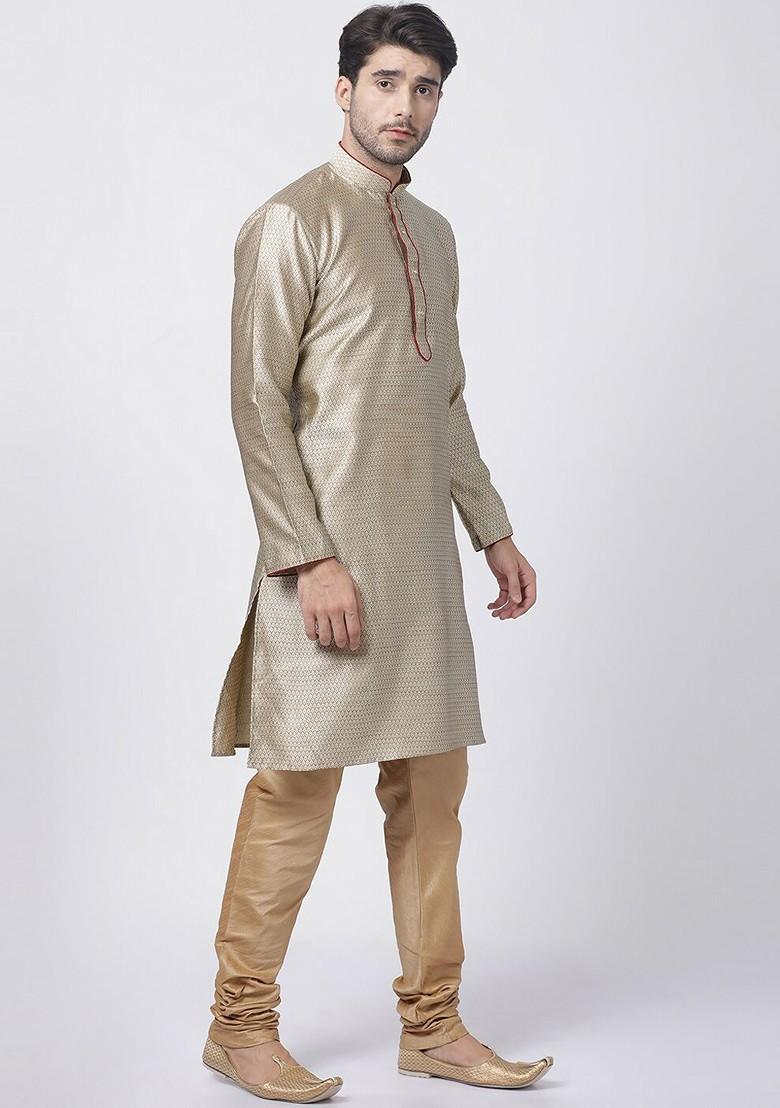 Beige Woven Poly Blend Kurta Set For Men