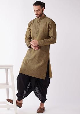 Black Woven Poly Blend Kurta Set For Men