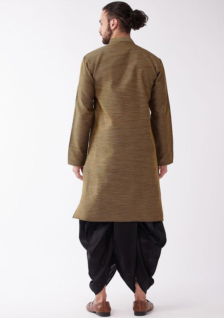 Black Woven Poly Blend Kurta Set For Men