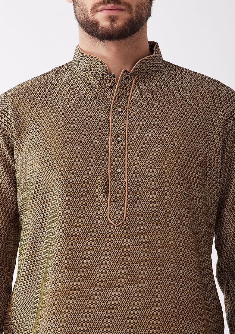 Black Woven Poly Blend Kurta Set For Men