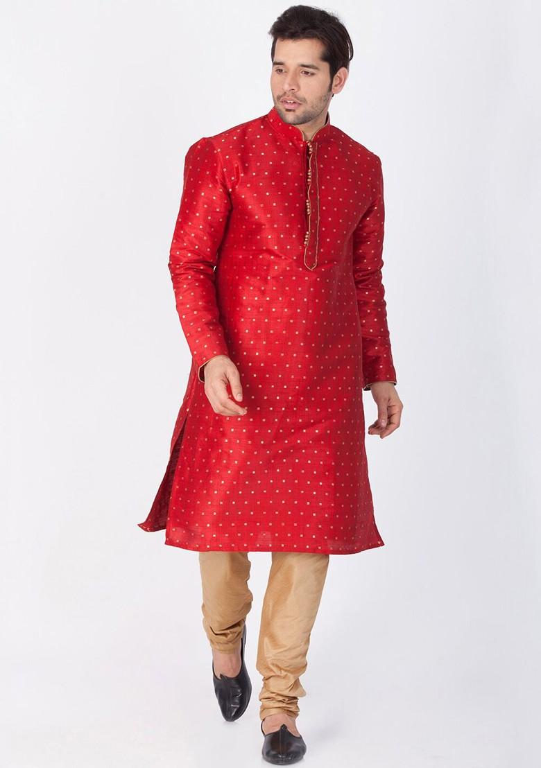 Maroon Woven Poly Blend Kurta Set For Men