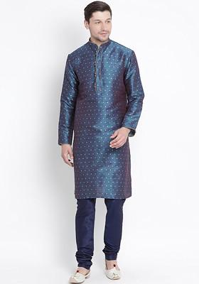 Blue Woven Poly Blend Kurta Set For Men