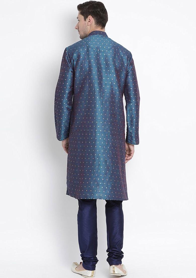 Blue Woven Poly Blend Kurta Set For Men
