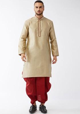 Beige Solid Poly Blend Kurta Set For Men