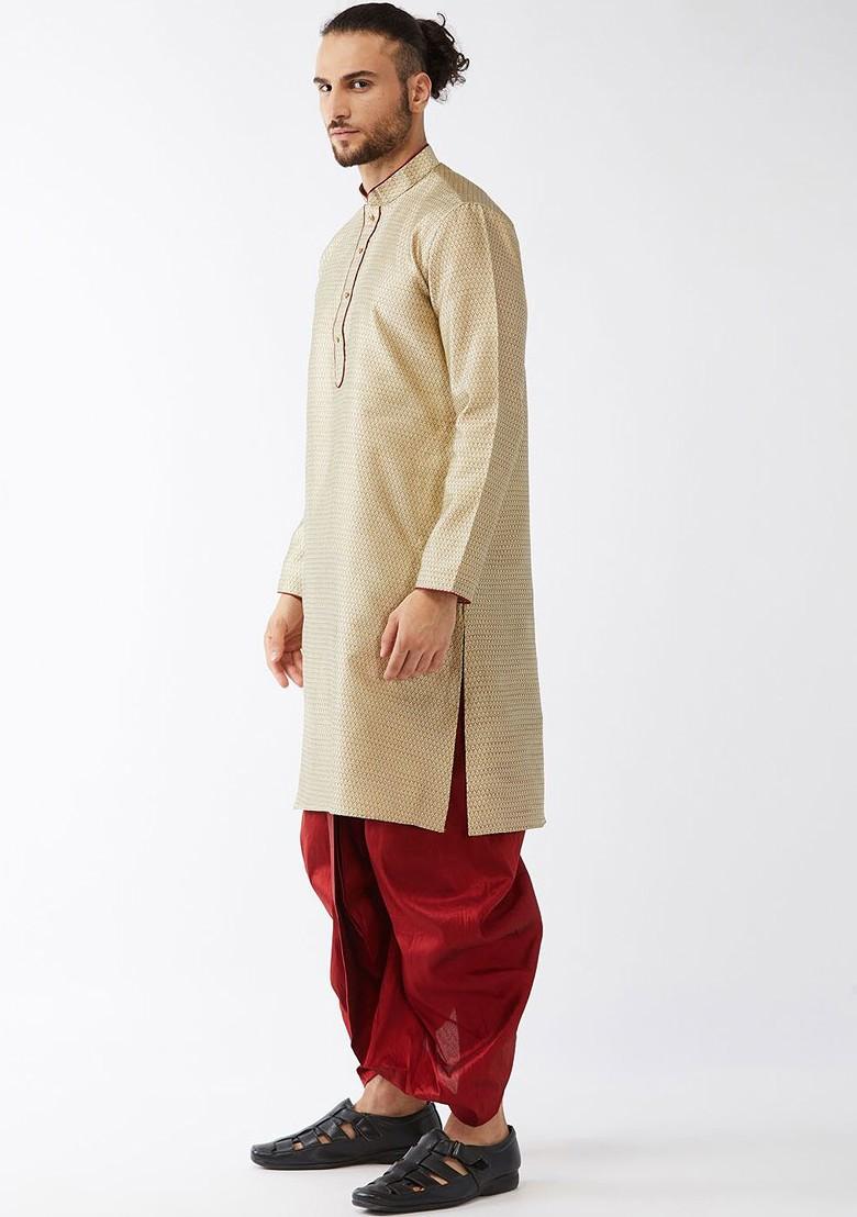 Beige Solid Poly Blend Kurta Set For Men