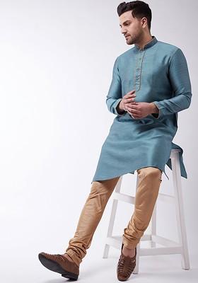 Blue Woven Poly Blend Kurta Set For Men