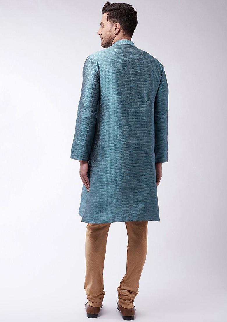 Blue Woven Poly Blend Kurta Set For Men