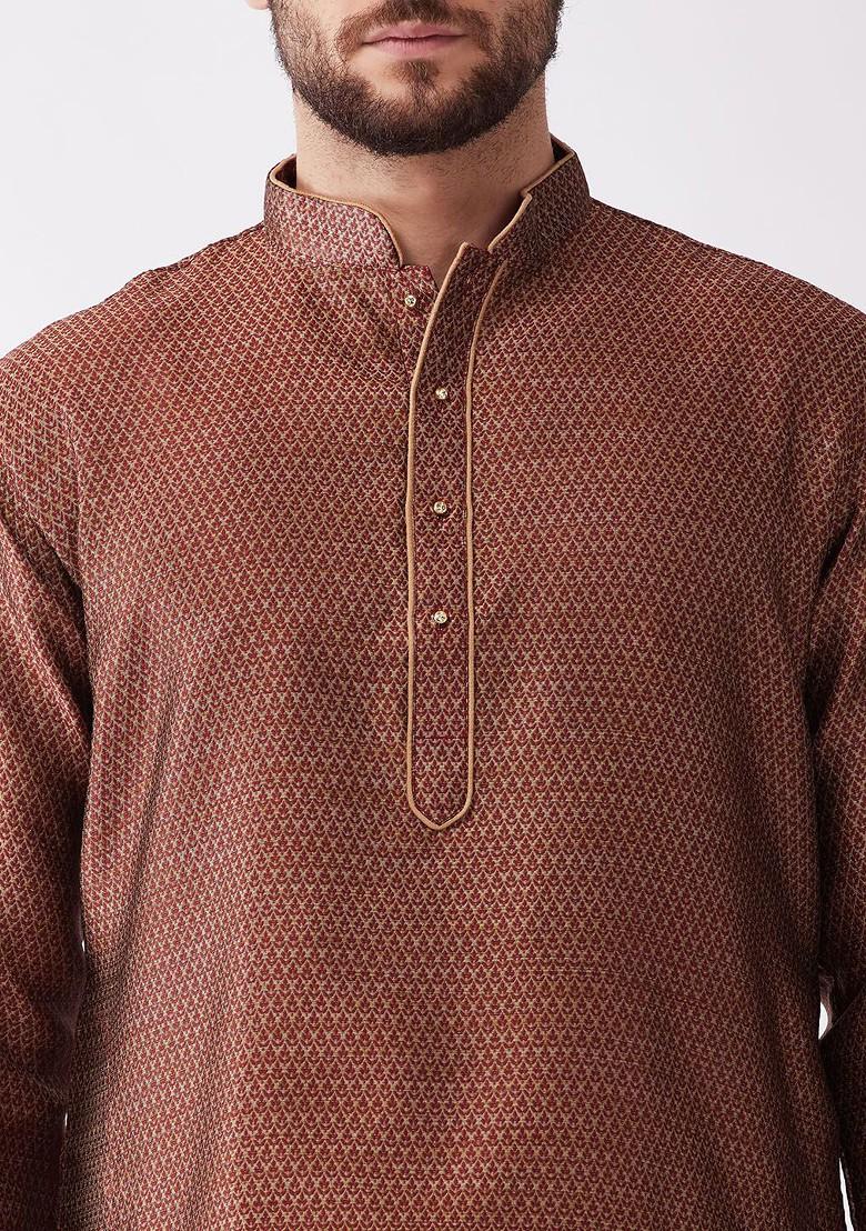 Maroon Woven Poly Blend Kurta Set For Men
