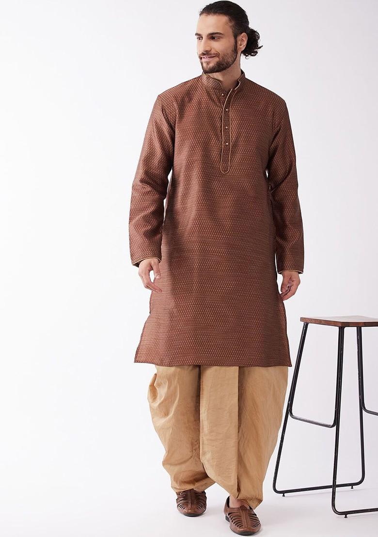 Maroon Woven Poly Blend Kurta Set For Men