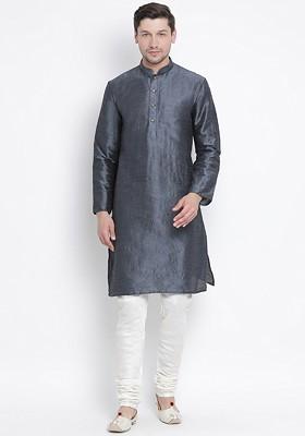 Grey Solid Poly Blend Kurta Set For Men