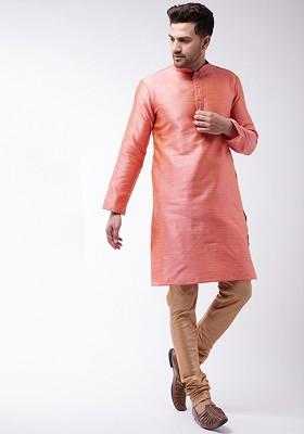 Pink Woven Poly Blend Kurta Set For Men