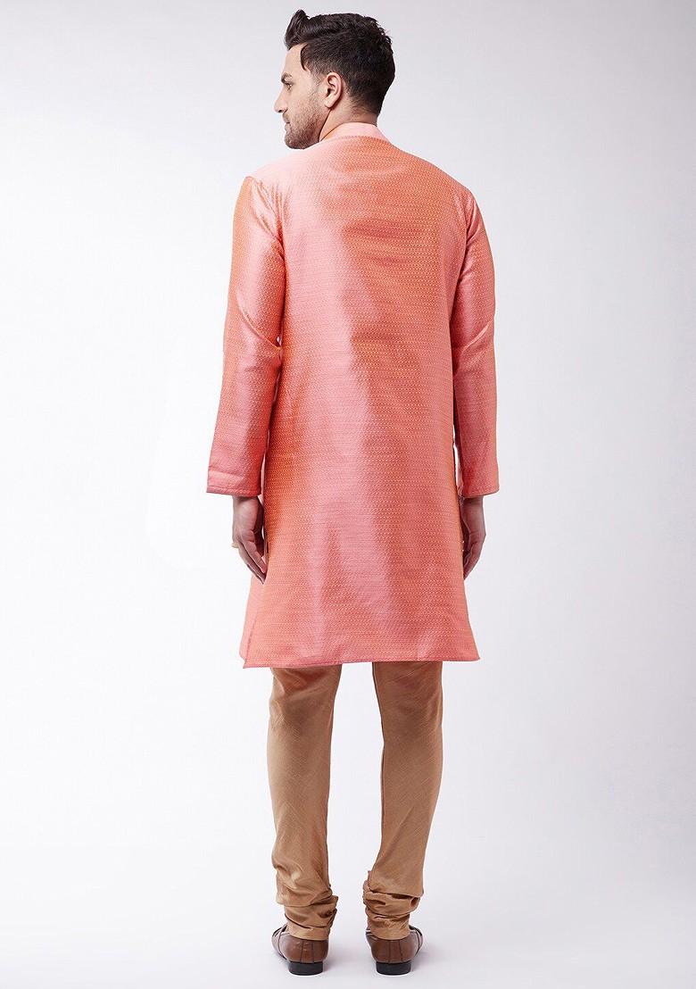 Pink Woven Poly Blend Kurta Set For Men
