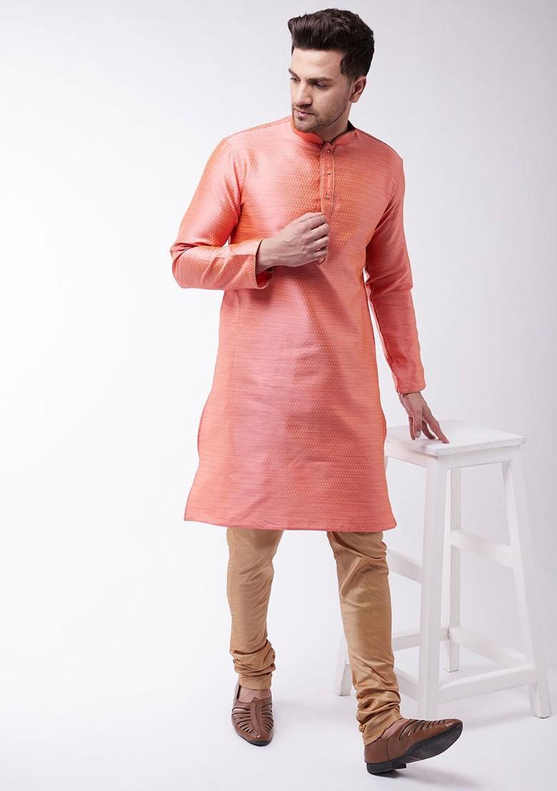 Pink Woven Poly Blend Kurta Set For Men