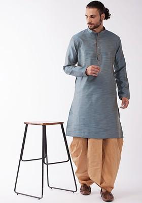 Blue Woven Poly Blend Kurta Set For Men