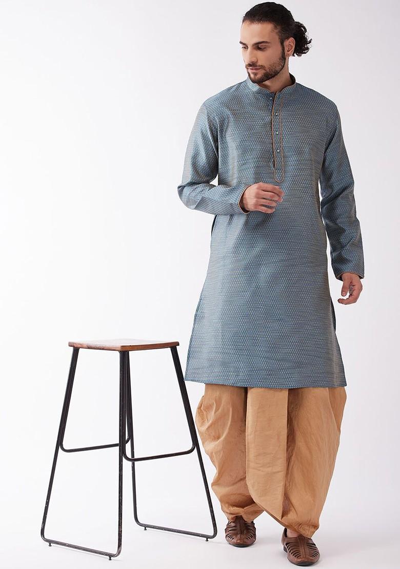 Blue Woven Poly Blend Kurta Set For Men