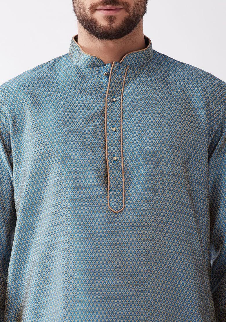 Blue Woven Poly Blend Kurta Set For Men