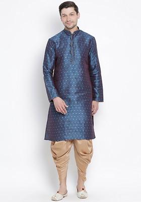 Blue Woven Poly Blend Kurta Set For Men