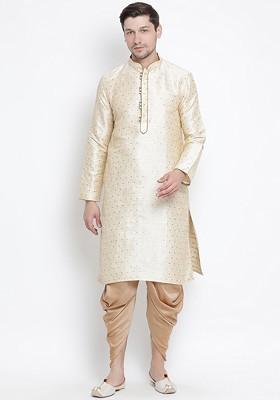 Gold Woven Poly Blend Kurta Set For Men
