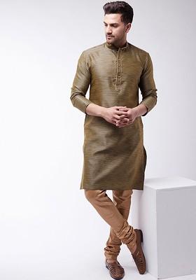 Black Woven Poly Blend Kurta Set For Men