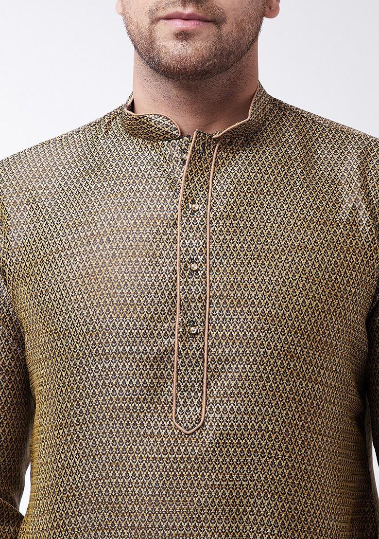 Black Woven Poly Blend Kurta Set For Men
