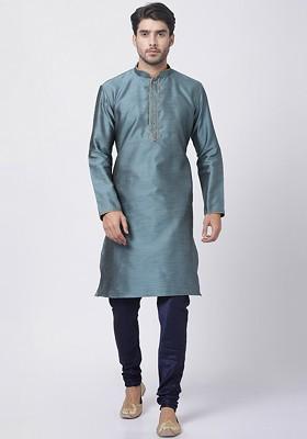 Blue Woven Poly Blend Kurta Set For Men