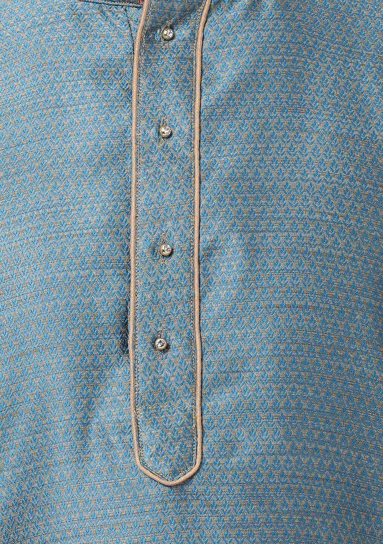 Blue Woven Poly Blend Kurta Set For Men