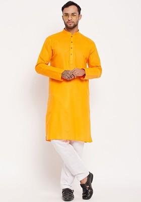 Orange Solid Poly Blend Kurta Set For Men
