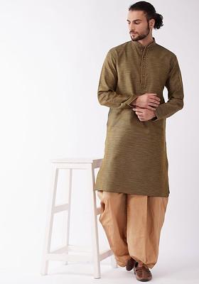Mustard Printed Poly Blend Kurta Set For Men
