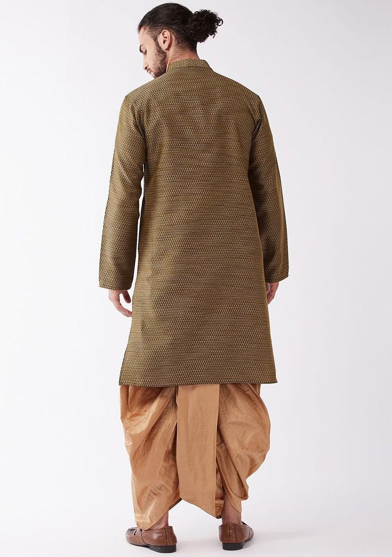 Mustard Printed Poly Blend Kurta Set For Men