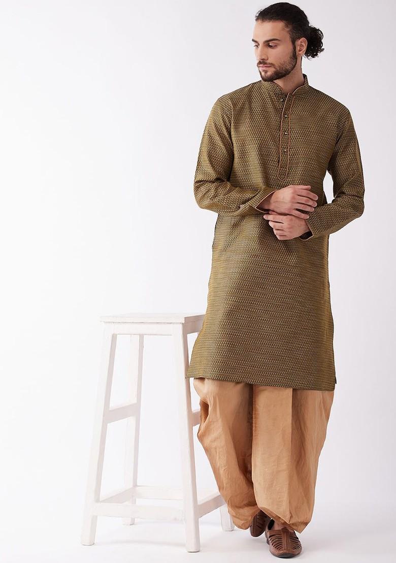 Mustard Printed Poly Blend Kurta Set For Men