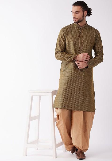 Mustard Printed Poly Blend Kurta Set For Men — view on Indya