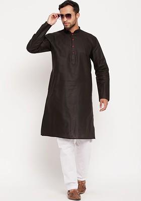 Brown Solid Poly Blend Kurta Set For Men