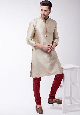 Beige Woven Silk Kurta Set For Men